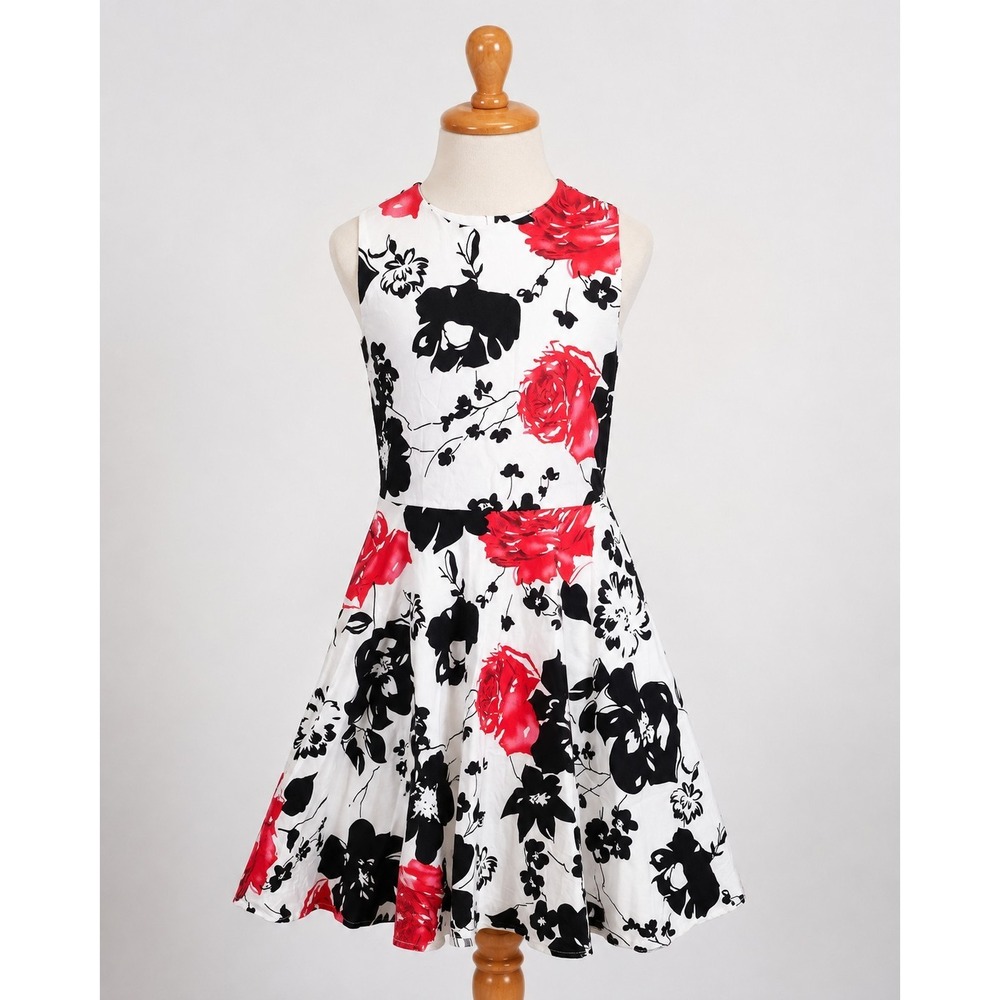 Kate Kasin Girls 9-10Y Red Black Floral Fit Flare Party Dress Cotton Stretch